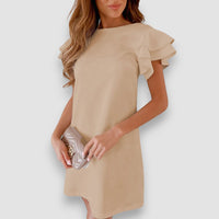 Mindi | Gekräuseltes, mehrlagiges Minikleid mit kurzen Ärmeln – Beige