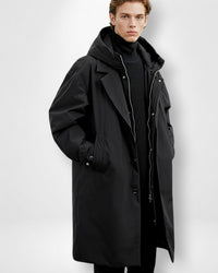 Langer wasserdichter Mantel mit Kapuze für Herren im Business-Look – Schwarz