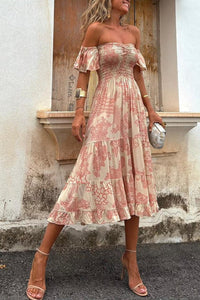 Midikleid mit Schulterausschnitten und romantischem Druck – Pitaya – Beige
