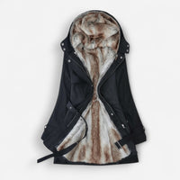 Gefütterte Winterjacke für Damen mit integrierter Kapuze und verstellbarem Bindegürtel – Schwarz