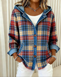 Clara | Stilvolle Damenjacke kariert mit Kapuze – Blau