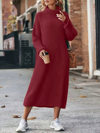 Damen Strickkleid Rollkragen | Langarm und Midi-Länge – Rot