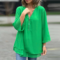 Elegantes Damen Chiffon-Top mit V-Ausschnitt und Reißverschluss – Grün