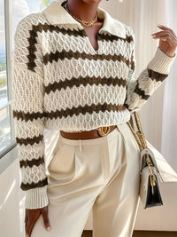 Seynelah | Pullover mit Streifenmuster und Kragen - lässiger Pullover mit langen Ärmeln und Struktur – Aprikose