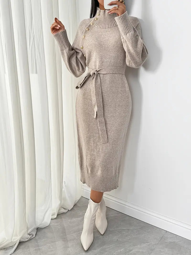 Desi | Festes Kleid mit langen Ärmeln, elegantes Pulloverkleid mit Knopfleiste und Gürtel