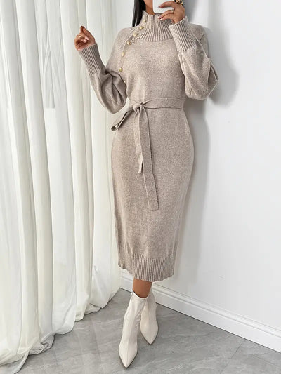 Desi | Festes Kleid mit langen Ärmeln, elegantes Pulloverkleid mit Knopfleiste und Gürtel