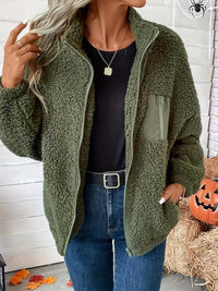 Shifira | Reißverschluss vorne Drop Shoulder Teddy Jacke, lässig solide Farbe lange Ärmel – Oliv