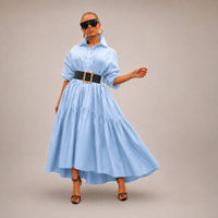 Midikleid Annelie™ mit Hemdkragen, weiten Ärmeln und fließendem Schnitt – Blau