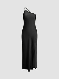 Damen Rückenfrei Maxi Satin Kleid – Schwarz