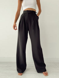 Damen Hohe Taille Seitliche Bindung Chino Hose – Schwarz