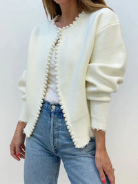 Strickjacke mit Perlenbesatz und geripptem Saum-PEARL – Weiß
