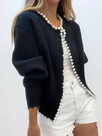 Strickjacke mit Perlenbesatz und geripptem Saum-PEARL – Schwarz