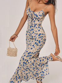 Adriana - Damen Maxikleid mit floralem Print und Binderdetail – Blau