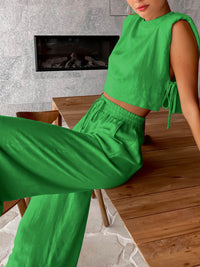 Livia | Weite Hose Set Damen Leinen Look – Grün