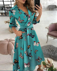 Damen Wickelkleid mit Riemen - Eleganter Schnitt, Vielseitig Tragbar – Schmetterlingsdruck