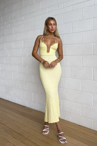 Damen Texturiert Tiefer V-Ausschnitt Midi Gelbe Kleid – Gelb