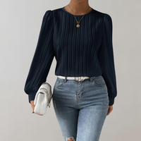 Damen Elegante Plissee-Bluse mit Ballonärmeln und hochwertiger Verarbeitung – Dunkelblau