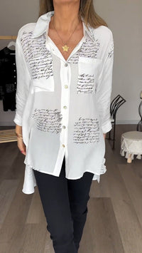 Damen Revers Hemd mit Schriftprint - Elegant & Casual – Weiß