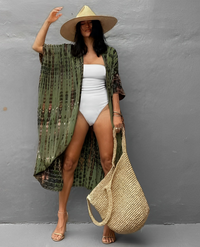 Leona Bohemian Kimono | Sommerlich-stilvoller Strandkimono mit tropischem Muster – Boho - Grün