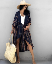 Leona Bohemian Kimono | Sommerlich-stilvoller Strandkimono mit tropischem Muster – Boho - Dunkelblau