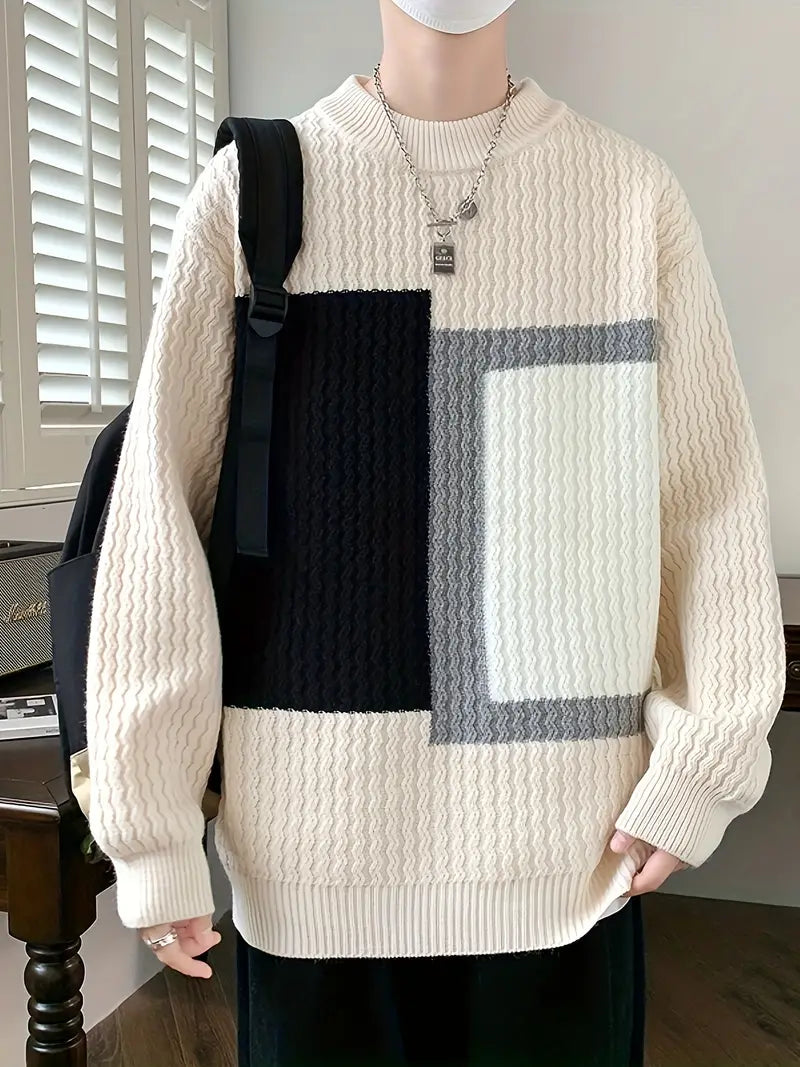 Shimari | Geometrischer Grafikdruck, gestrickter Pullover für Männer, Farbe Block