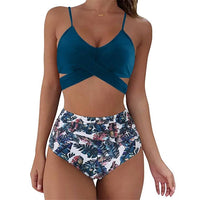 Bella | Hochtaillierter, farbenfroher Damen-Bikini – Blau - geblümt