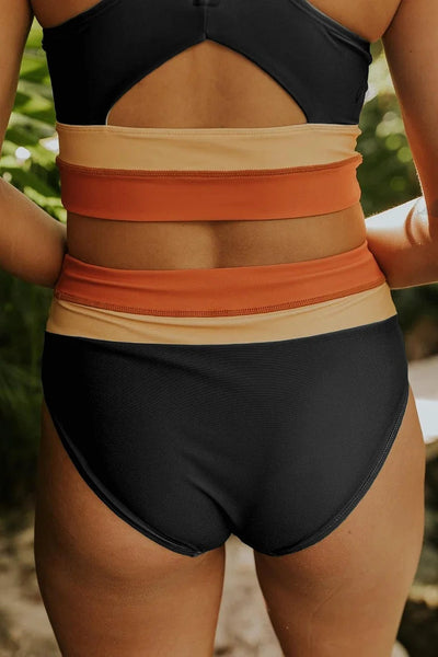 Heidi-Mode | High Waist Colorblock Marine Cut Back Crop Bikini Set