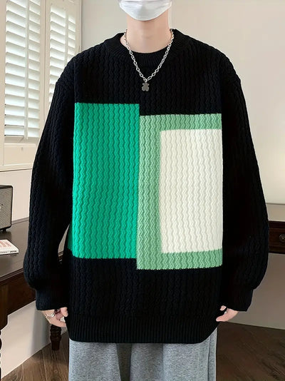 Shimari | Geometrischer Grafikdruck, gestrickter Pullover für Männer, Farbe Block