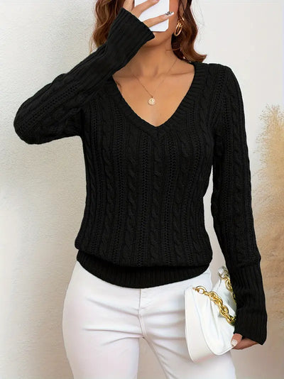 Seylilah | Solider Pullover mit V-Ausschnitt und Zopfmuster – eleganter Langarmpullover