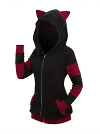 Keyviah | Plus Größe Zip Up Katze Ohren mit Kapuze Jacke, niedliche Farbe Block lange Ärmel – Schwarz