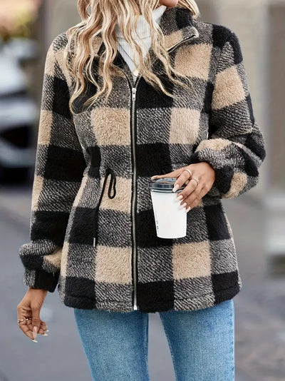 Shilari | Teddyjacke mit Karomuster, lässige warme Oberbekleidung mit Knopfleiste