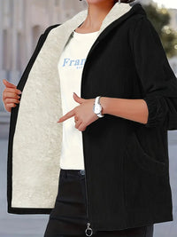 Elltren | Plus Size Solid Hooded Jacket, lässige warme Zip Up Jacke – Schwarz