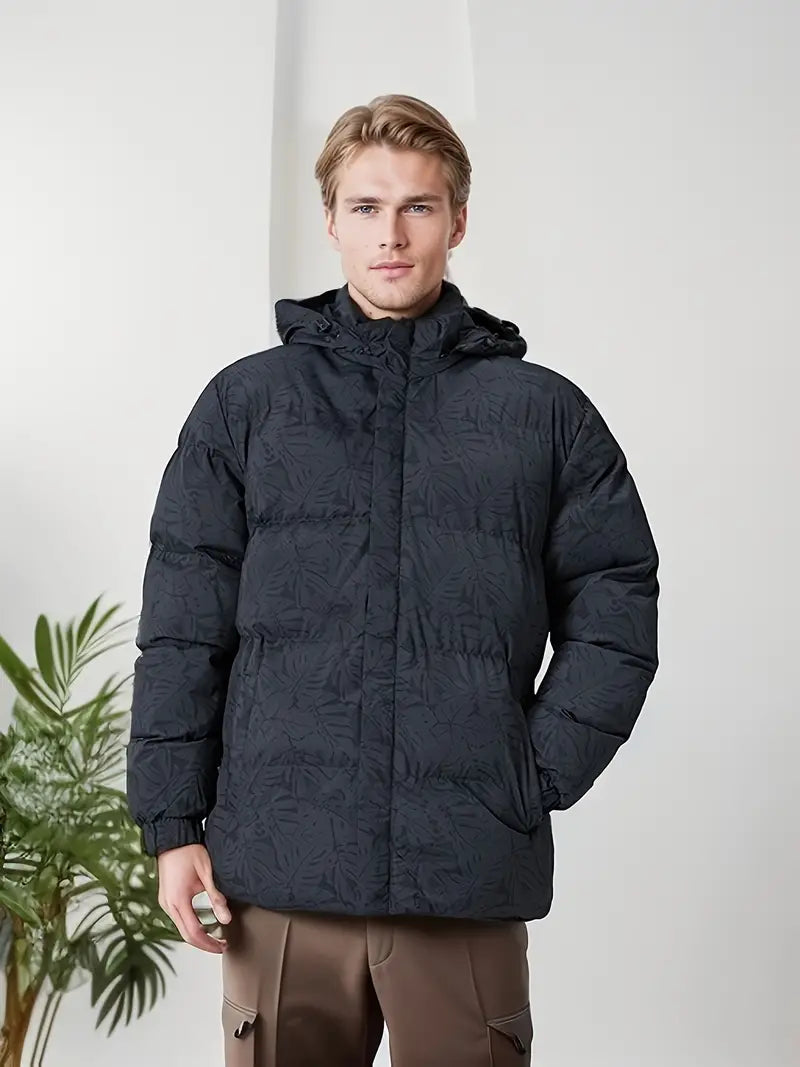 Reigarith | Männer einfache Blätter Muster Print Design Thermal Hooded Puffer Jacke
