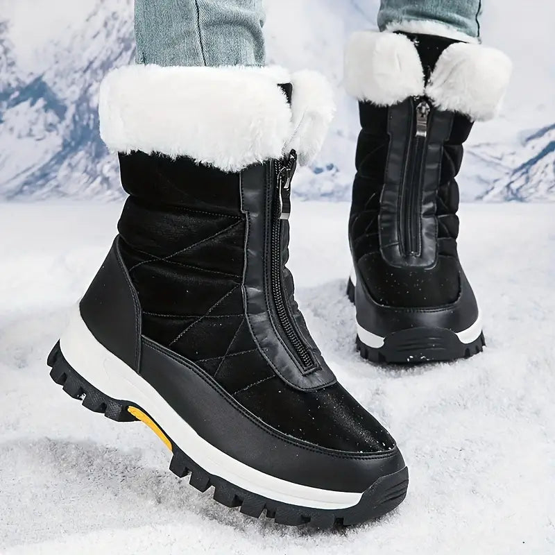 Klelonis | Damen Plüsch gefütterte Schneestiefel - Winter Fleece Front Reißverschluss kurze Stiefel