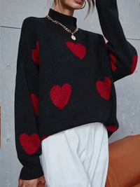 Reigorna | Rollkragenpullover mit Herzmuster, lässiger Langarmpullover – Schwarz