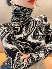 Dreineya | Gestreifter Farbiger Rollkragenpullover, eleganter schlanker Langarmpullover – Schwarz