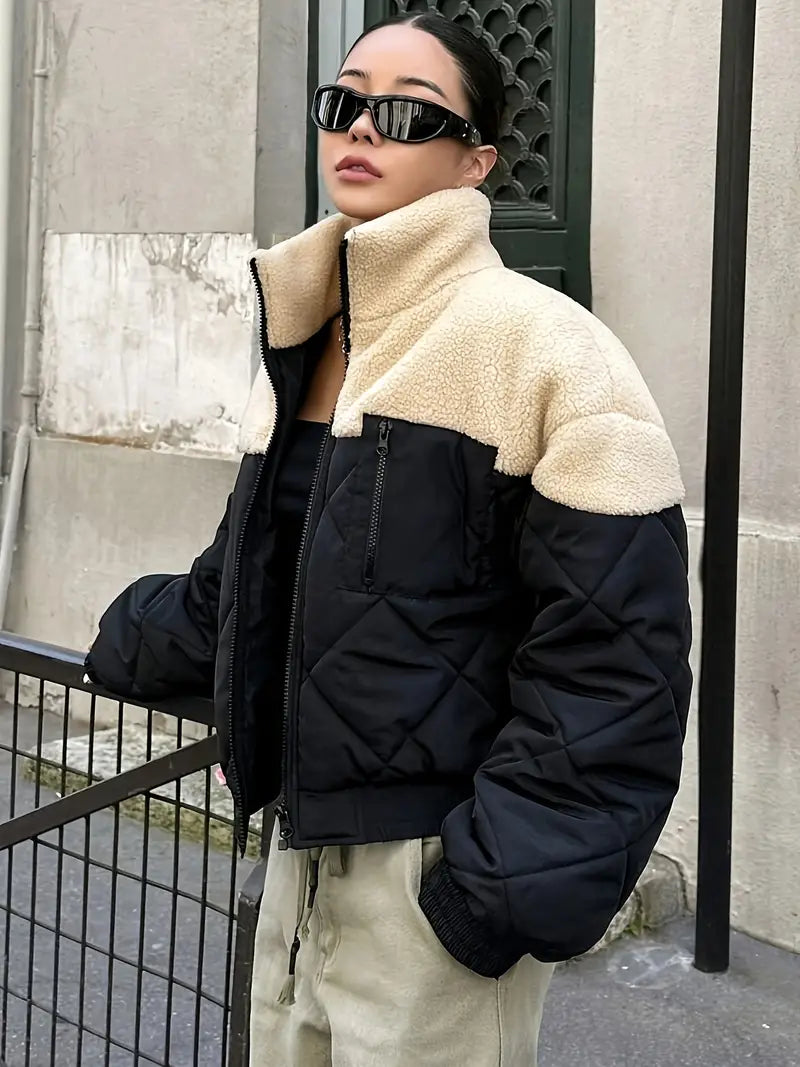 Clivona | Color Block Zipper Coat, Vielseitig mit Verdicktem Stehkragen und Langarm