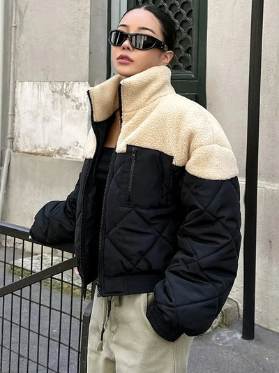 Clivona | Color Block Zipper Coat, Vielseitig mit Verdicktem Stehkragen und Langarm