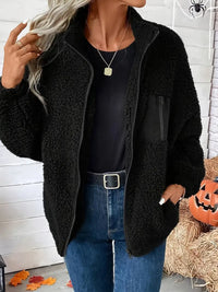 Shifira | Reißverschluss vorne Drop Shoulder Teddy Jacke, lässig solide Farbe lange Ärmel – Schwarz