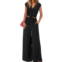 Michelle - V-Ausschnitt Crop Top mit Knoten vorne und weit geschnittene Hose Set – Schwarz