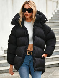 Iresira | Elegante schwarze Kapuzen-Pufferjacke für Frauen - dicker, warmer Wintermantel – Schwarz