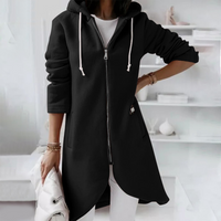 Eleganter Langer Damen-Kapuzenpullover | mit Reißverschluss – Schwarz