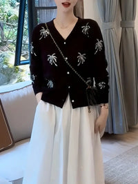 Palovaya | Paillettenbesetzte Strickjacke aus Baumwolle, elegante Strickjacke mit langen Ärmeln – Schwarz