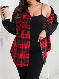 Shialyn | Women's Plus Plaid Print Raglan Ärmel Button Up Drawstring Hooded Jacket – Schwarz