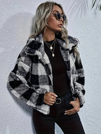 Irevira | Plaid Muster Reißverschluss vorne Teddy Mantel, vielseitig lange Ärmel Winter warme Outwear – Schwarz