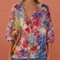 Bedruckte Bluse mit V-Ausschnitt und Knopfverschluss für Damen | Mireya – Blau
