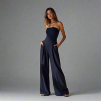 Margarethe | Eleganter Jumpsuit mit Schulterfreiem Design und Weitem Bein – Dunkelblau