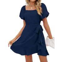 Donna - Kleid mit quadratischem Ausschnitt, Puffärmeln und Gürtel in A-Linie – Blau