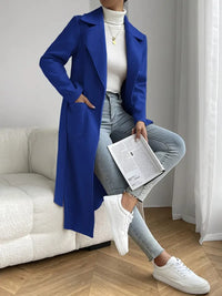 Reryelha | Einfarbiger, vorne offener Mantel mit Gürtel, eleganter Langarm mit Revers – Blau