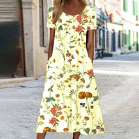 Isabella - Boho Floral Kleid wit Bauchabdeckung – Gelb
